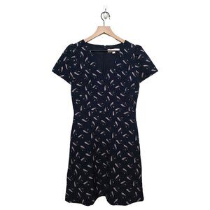 Loft Navy Feather V-Neck Short Sleeve Fit & Flare Mini Dress With Pockets Sz 2